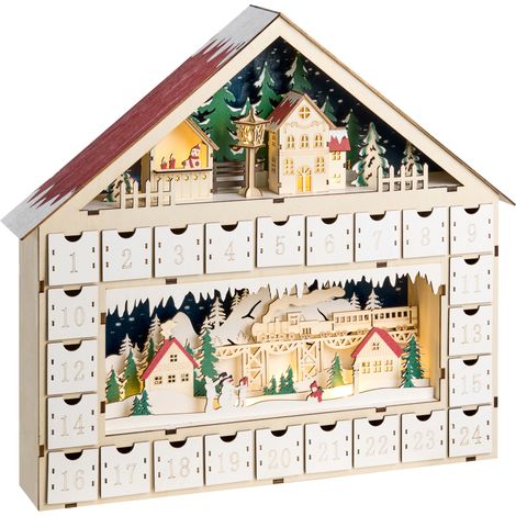Decoración de Navidad LED calendario de Adviento en forma de casita a pilas de madera marrón claro Nisser
