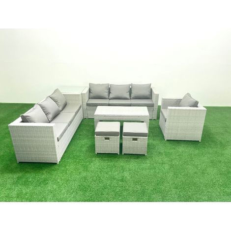 Fimous Meubles d'extérieur en rotin avec Table basse oblongue Fauteuil 2 Petits tabourets Table d'appoint Gris clair mixte (1/4)
