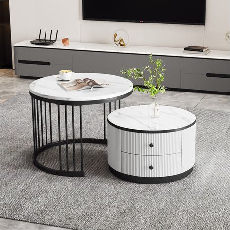 2er-Set runde Satztische 60x60x45,5 cm weiß, 2 Schubladen, Marmoroptik, MEUBLIV (1/5)
