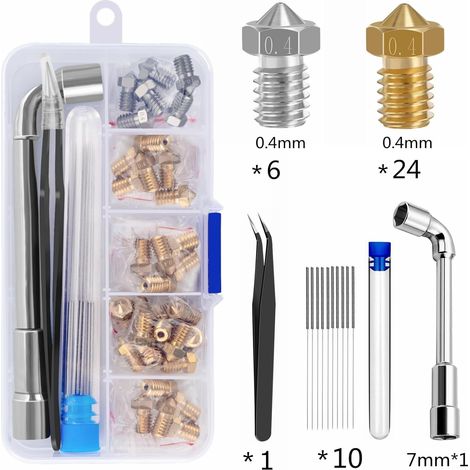 30 pièces buses de 0,4 mm, buses d'imprimante 3D en laiton et acier inoxydable-Hotend avec pour filament de 1,75 mm Hot Ends V5, V6, pour Anycubic i3 Mega Chiron Prusa i3 MK3/MK3S/Mega/Kobra Neo