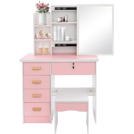 80 x 35 x 128 cm - Coiffeuse autoportante avec miroir coulissant et chaise - Charge maximale de la table/tabouret : 100/120 kg - Petite coiffeuse autoportante pour chambre à coucher (rose + blanc) (1/5)