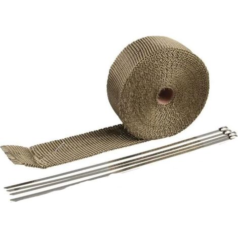 Sollbry Cinta aislante térmica para escape de motocicleta (2,5 cm x 5 m) con 4 bridas de acero inoxidable (titanio) (1/5)