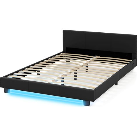 Cadre de Lit Double avec Tête de Lit Rembourrée, Lit Plateforme Rembourré avec Bandes Lumineuses LED, Télécommande, Sommier à Lattes, 5 Pieds, Noir (1/5)