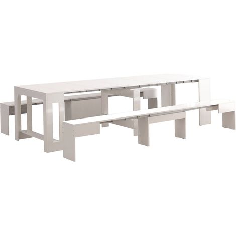 Dmora - Banco Quedan, Juego de 2 Asientos para mesa de comedor, Bancos extensibles, 290x25h45 cm, Blanco brillo