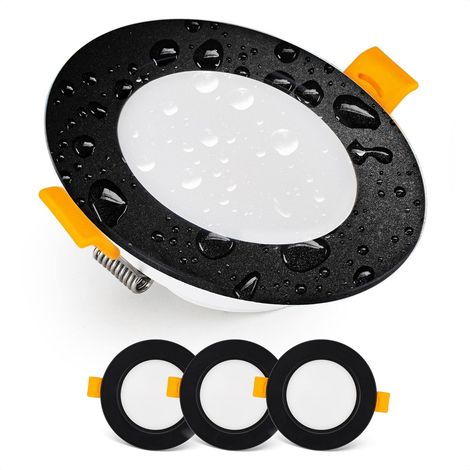 Spot LED Encastrable Downlight  LED spots de plafond IP54 Pour Salle de Bain, locaux humides, Blanc chaud 3000K  Lot de 3 Spot LED Extra Plat Ronds 7 Watt (7W) / 700 Lumens, Noir