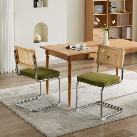 Lot de 2 chaises cantilever en velours vert olive, dossier en cannage rotin naturel, structure métal chromé, 59 x 47 x 81 cm, charge 136 kg (1/5)