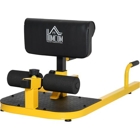Appareil de musculation 3 en 1 pour les squats, les jambes, les abdominaux et les fessiers. Réglable jusqu'à 120 kg. Acier, jaune et noir. Dimensions : 50 x 97 x (44,5–56,5) cm.