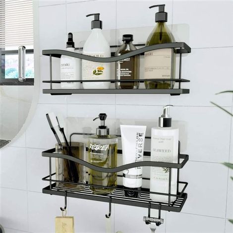 Duschablage-Set, 2er-Pack – Badezimmerkorb, kein Bohren erforderlich – Schwarzes, wandmontiertes Ablageregal für Dusche und Badewanne mit Zubehörhaken
