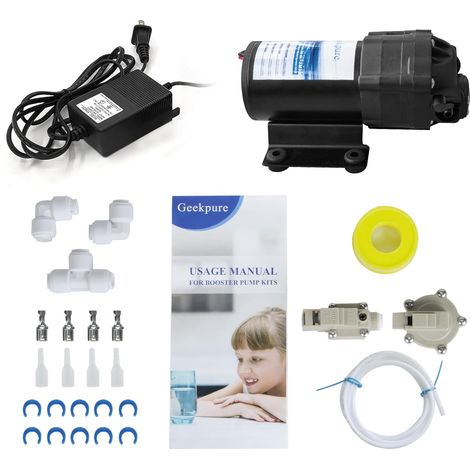 kit de pompe de surpression à osmose inverse avec transformateur + pressostats haute et basse pression + raccords pour système RO (1/5)