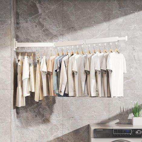 Wall-Mounted Clothes Airer, 3 Tier Wall Mounted Drying Rack 120 cm with 18 Hooks, Foldable Wall-Mounted Clothes Rack for Balcony, Laundry, Wardrobe, Kitchen, Bathroom, Bedroom White (1/5)