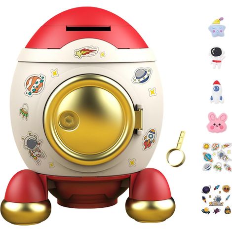 Hucha con forma de cohete de astronauta para billetes y monedas, decorativa con pegatinas, con llave para abrir.