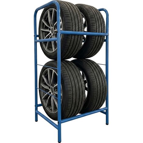 Rack à pneus Relaxdays pour 4 pneus, H x l x P : 106 x 53 x 43 cm, 200 kg, acier, 2 niveaux, rangement pneus, bleu