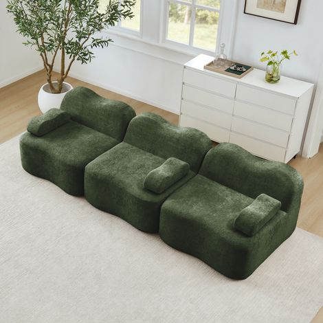 Canapé modulaire sans armature 3 places en mousse haute densité 32D, forme ondulée avec assise profonde, coussin d’accoudoir amovible, idéal pour le salon, vert (1/5)