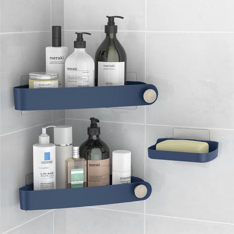 2-teiliges Duschregal aus Kunststoff mit Seifenbox, Aufbewahrung und Organisation im Badezimmer, Duschseifenschale, Badezimmerregal, inklusive 6 selbstklebenden Aufklebern, Marineblau (1/5)