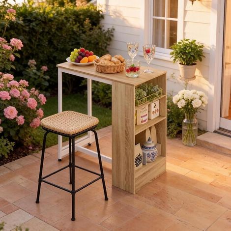Table haute avec étagère, 91 x 49 x 91 cm, E1 et métal, chêne clair/blanc HAVRYA (1/5)
