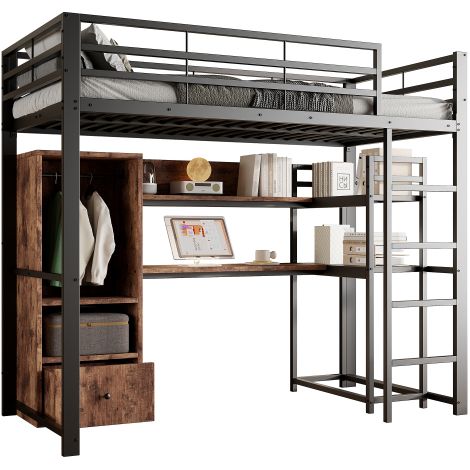 Hochbett, Metallbett, Mit LED-Leuchten, Schreibtisch, 1 Schubladen, Regale, Geländer, Treppe, ohne Matratze