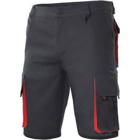 Pantalon Bermuda Multipoches - 65 % Polyester 35 % Coton - Taille Élastique - 6 Poches Fonctionnelles - Noir Rouge