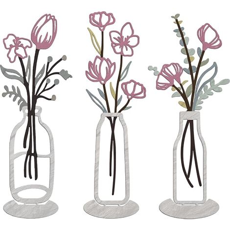 Ensemble décoratif mural en métal 3 pièces Fleurs avec vases Sculptures murales vase mural rose pastel pour cuisine salon décoration de bureau et de table (1/5)