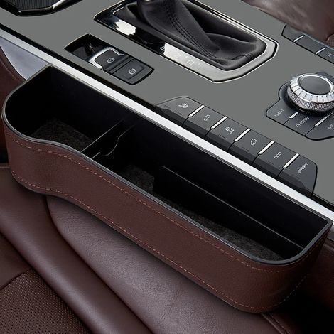 (Gauche Marron-PU) 2 pièces Organisateur de remplissage d'espace pour siège auto en cuir Porte-gobelet Boîte de rangement latérale pour console centrale avec porte-gobelets Poches de couture de siège  (1/5)