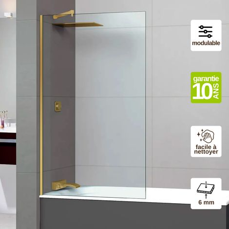Pare-baignoire Fixe en Verre Trempé 6 mm Transparent Anti-calcaire - L110H147 cm - profilé or brossé- Mont Blanc CC SUPERBAN (1/4)