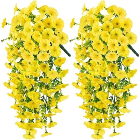 Lot de 2 fleurs artificielles suspendues résistantes aux UV - Guirlandes de fleurs de jour de 75 cm, réalistes, jaunes, pour la décoration du jardin et de la maison-AquaForge (1/5)