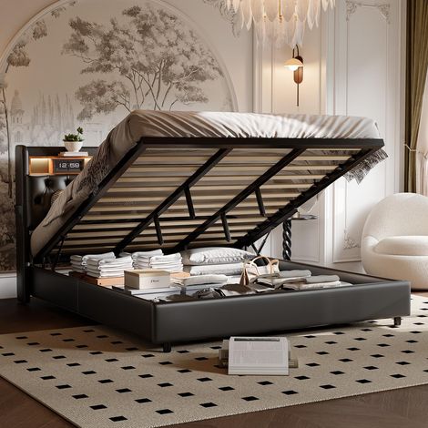 Letto 180x200 cm - Letto contenitore 180 e rete - Testiera LED RGB, contenitore integrato e porte di ricarica - PU nero (1/5)