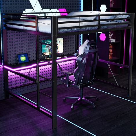 Hochbett Metall/MDF Schwarz 160x200 cm mit Schreibtisch, LED-Beleuchtung und Schutzgitter (1/5)