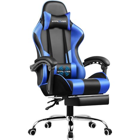 Chaise Gaming Ergonomique, Fauteuil Gamer, Chaise Bureau, Chaise de Gaming avec Dossier réglable à 135°, Hauteur Réglablerepose-Pieds rétractables, Siege, Simili Cuir Bleu