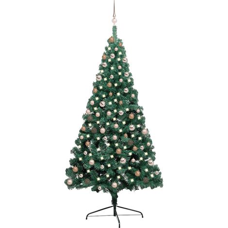 Medio árbol de Navidad con luces y bolas verde 210 cm