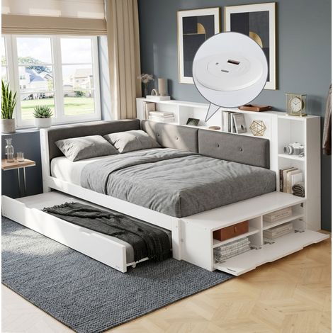Lit enfant 120 x 200 cm avec lit gigogne 90 x 190 cm, rangement et recharge, blanc HAVRYA (1/5)