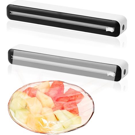 2 Stück Frischhaltefolien Spender, Wand-Folienschneider Saugnäpfe Folienspender Haushalt Folienabroller mit Bidirektionale Schiebe Cutter für Küche (Schwarz) (1/5)