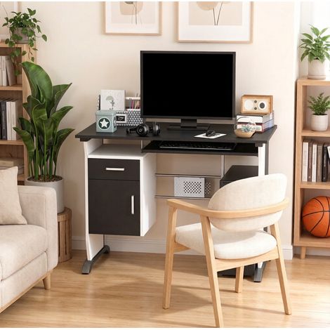 Bureau Informatique avec Tiroir, Placard et Plateau Coulissant pour Clavier, Structure Métal, MDF, 100 × 52 × 75 cm (1/5)
