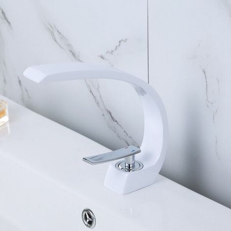 Robinet de lavabo monotrou en laiton massif avec cartouche céramique, adapté aux lavabos encastrés, blanc. (1/2)