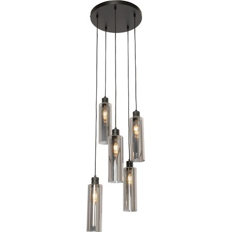 QAZQA Moderno Lámpara colgante moderna negra con cristal ahumado 5 luces - Stavelot Vidrio /Acero Redonda Adecuado para LED Max. 5 x 40 Watt