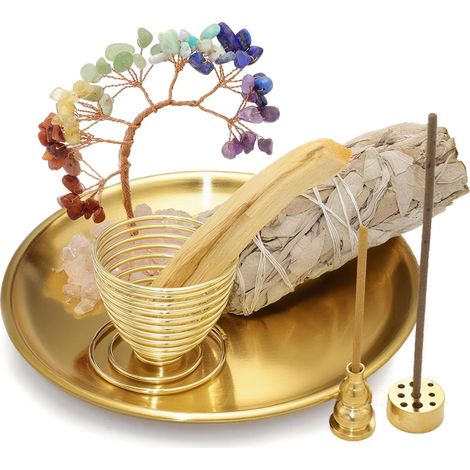 Porte-encens 6 Chakras Cristal guérison des 5 en 1 Laiton Bol d'encens 14 cm pour Tout encens, bâtonnets d'encens, Porte-Sauge Blanche, cônes, Yoga, méditation, Zen, décoration intérieure (1/5)