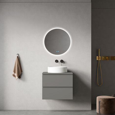 Mobile bagno sospeso 60 cm Grigio Londra per Lavabo d'appoggio Specchio Tondo Retroilluminato - Fiji Paint Top