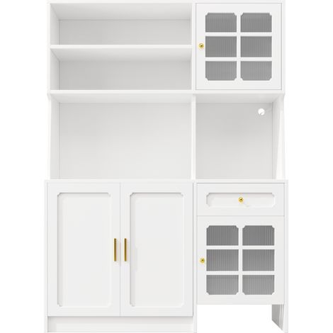 Vaisselier de cuisine 130 x 45 x 180 cm blanc avec portes vitrées et LED MODENUIT (1/5)