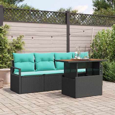 Ensemble Canapé de Jardin 5 Pièces en Polyrotin et Bois d'Acacia Noir et Bleu avec Rangement - PANGIVO (1/5)