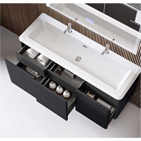 Mobile Bagno Icona140 cm SospesoBianco Opaco Base 3 cassetti - Doppio Lavabo in Resina (1/5)
