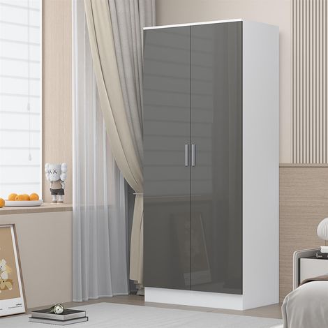 Reflect 2 Door Plain Wardrobe - Grey Gloss & Matt White - Hanging Rails & Shelves - Modern Sleek Design