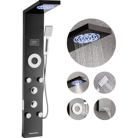 Colonne de Douche LED VEVOR Panneau Mural 6 Fonctions 5 Jets Corporels Douchette Acier Inoxydable Noir 1345x200x460 mm (1/5)