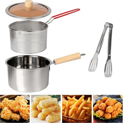 Marmite à Friture avec Panier, 2500 ML 304 Friteuse en Acier Inoxydable Ensemble de Marmite à Friteuse Tempura Japonaise, avec Poignée, pour Frites Poisson Ailes de Poulet (1/5)
