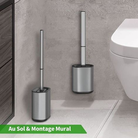 Brosse WC - Tete En Silicone TPR - Support Et Manche En Acier Inoxydable 304 - Montage Mural Ou Au Sol - Gris - 1 Piece (1/5)