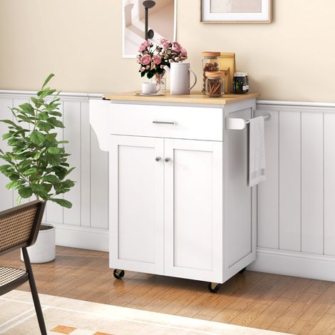 Îlot de Cuisine à Roulettes Chariot de Cuisine Roulant avec Tiroir Armoire de Rangement Support à Épices et Barres à Serviettes Blanc (1/2)