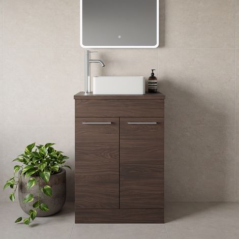 Napoli 390 Brown Oak 600mm 2 Door Vanity Unit for Countertop Basins - 600mm - Chrome 160mm Handle