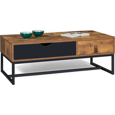Idmarket – Table basse fixe rectangulaire 100x50cm – 2 tiroirs – Bois et métal – Style industriel – Hauteur 36cm – Épaisseur 1,5cm