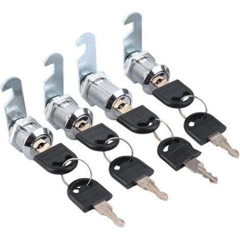 Lot de 4 serrures d'armoires cylindriques en métal avec clé identique, serrure de tiroir avec 2 plaques de serrure différentes (16 mm)
