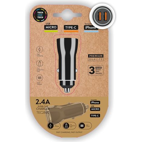 Caricatore doppio per presa accendisigari Nero 2.4A 12W Tech One Tech (1/3)