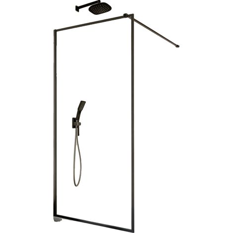 Pannello doccia fisso in vetro, 864 x 1870 mm, vetro temperato da 8 mm, nero opaco, ferramenta inclusa, telaio stretto. (1/2)