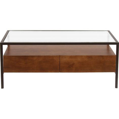 Tavolino rettangolare con contenitori in legno di mango massiccio scuro, vetro e metallo nero L100 cm SITA